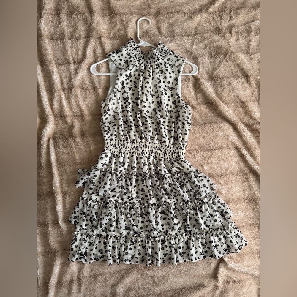 Express Cream Dress with Black Floral Print and Ruffle Detail